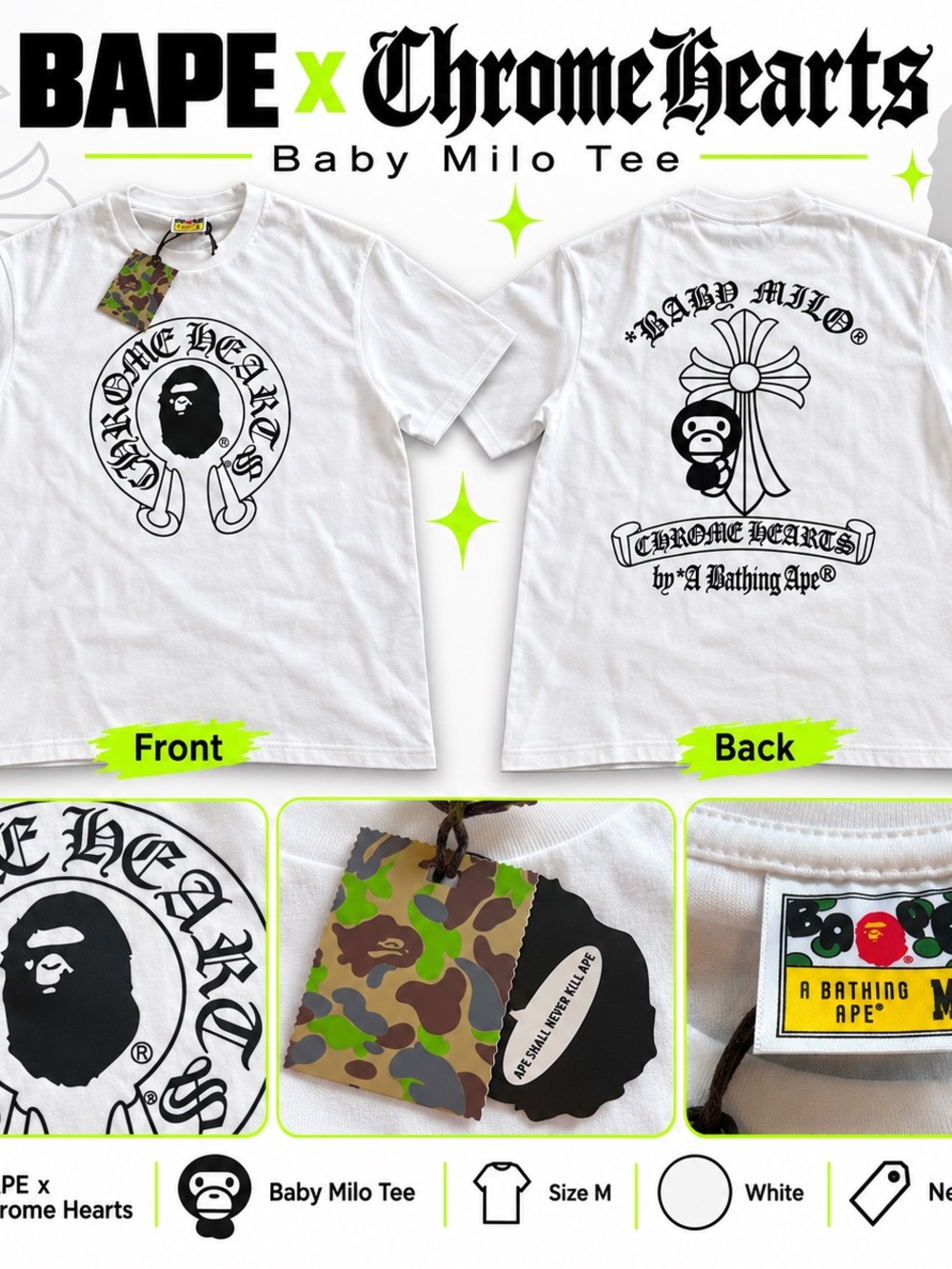 Chrome Hearts x BAPE White Mens Graphic Tee with Black Prints